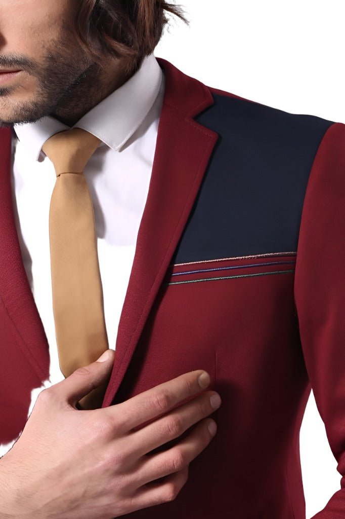 Collar Embroidery Combed Burgundy Men Jacket - Wessi