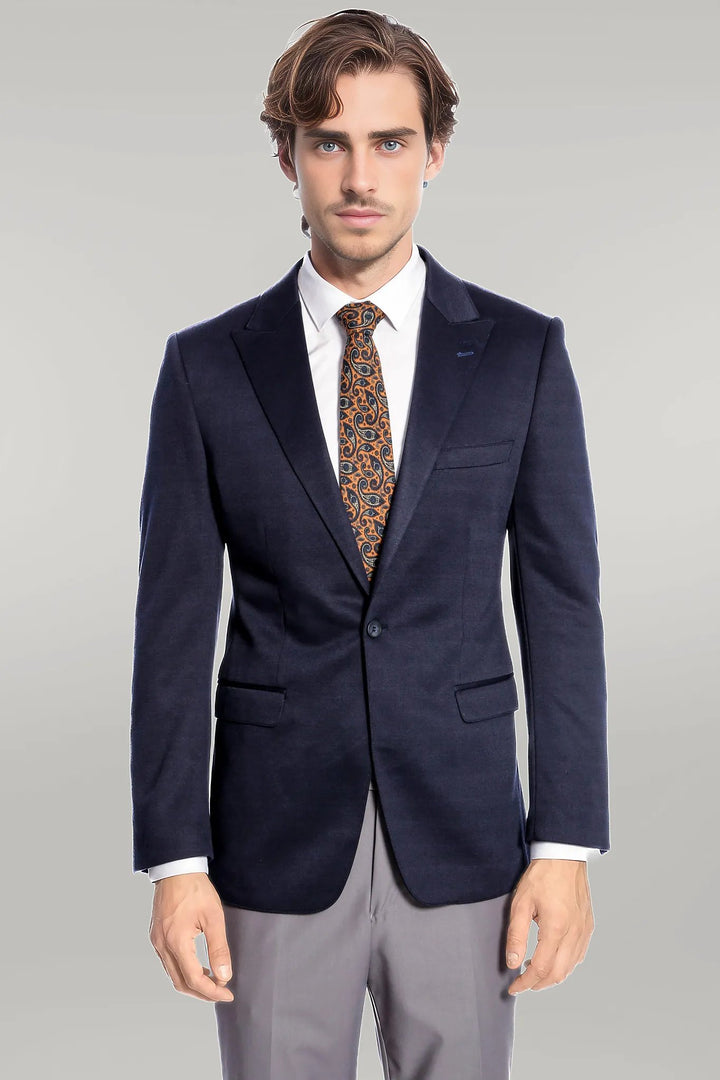 Navy Blue Plain Slim-Fit Jacket - Wessi