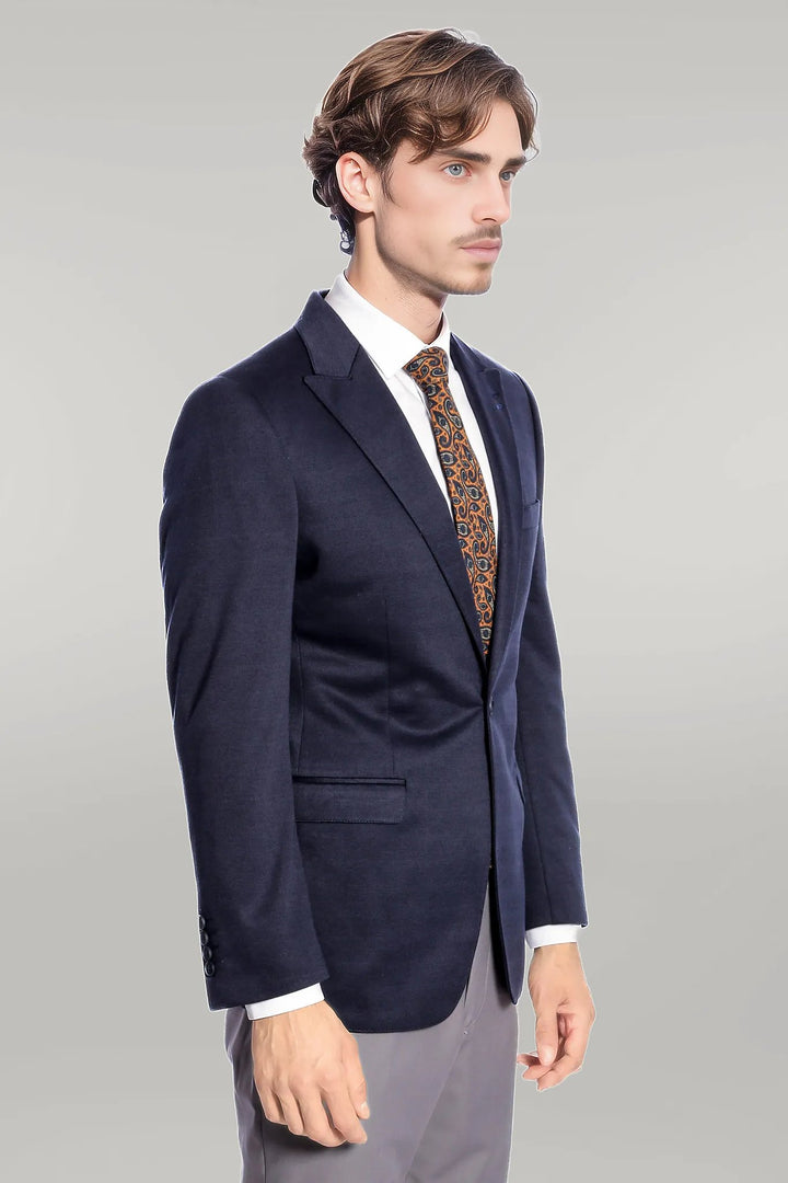 Navy Blue Plain Slim-Fit Jacket - Wessi