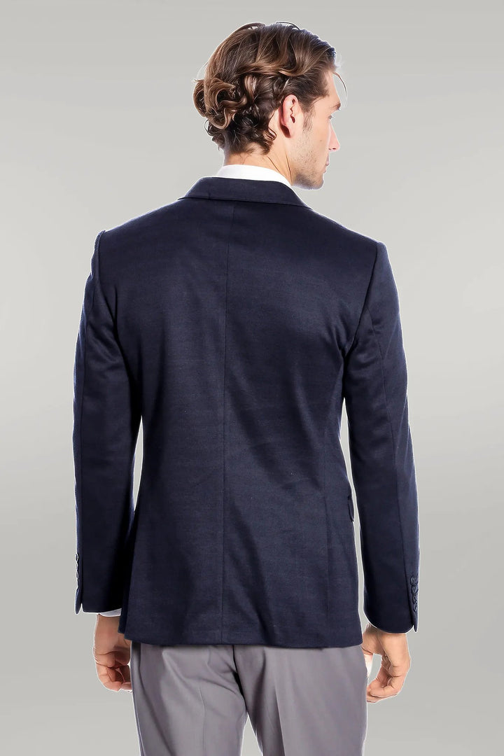 Navy Blue Plain Slim-Fit Jacket - Wessi