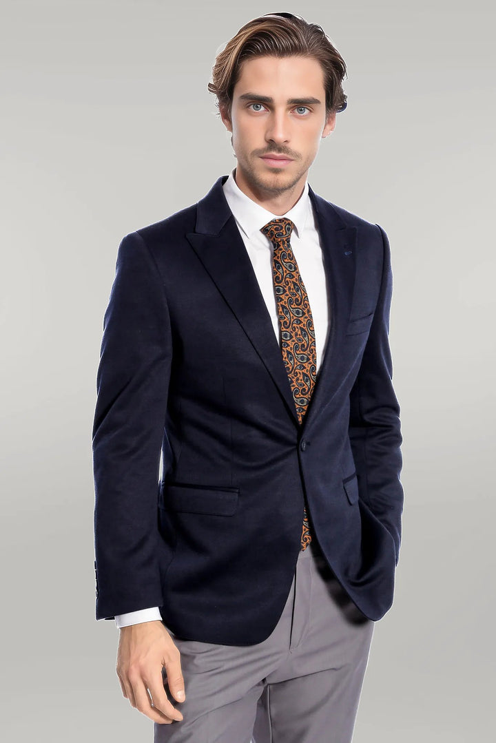 Navy Blue Plain Slim-Fit Jacket - Wessi