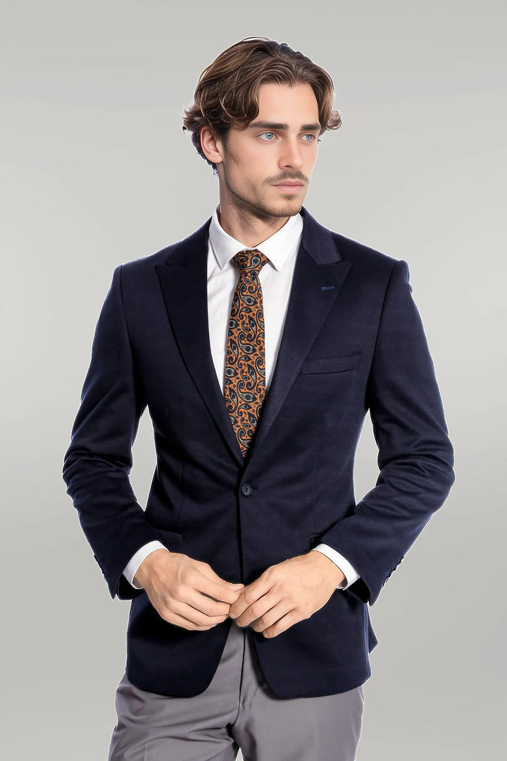 Navy Blue Plain Slim-Fit Jacket - Wessi