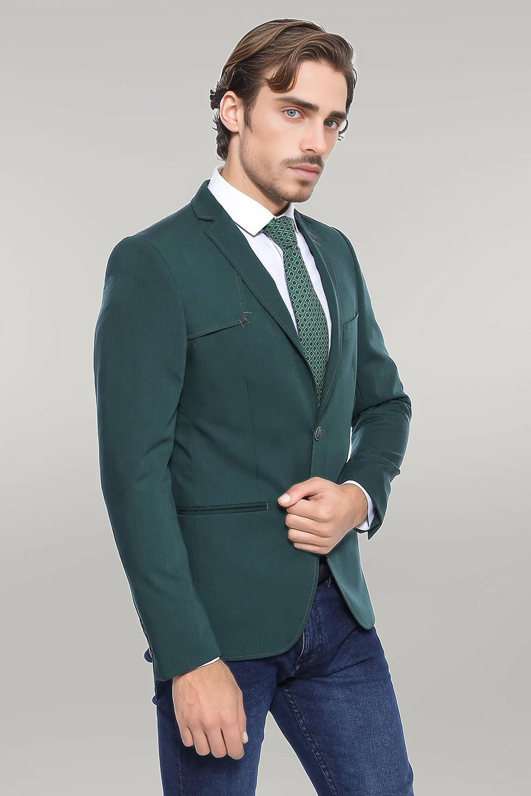 Double Buttons Shoulder Piece Mono Lapel Green Jacket-Wessi