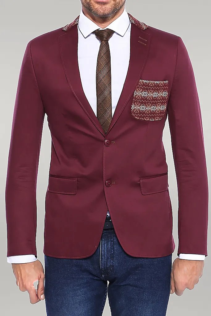 Double Buttons Knit Collar Mono Lapel Burgundy Jacket-Wessi