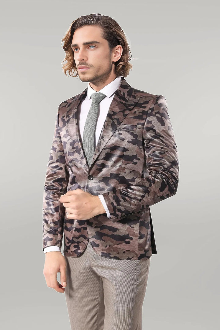 Single Button Camouflage Brown Jacket-Wessi