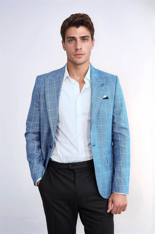 Single Button Wide Pointed Collar Blue Blazer - Wessi