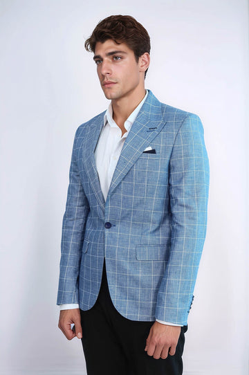 Single Button Wide Pointed Collar Blue Blazer - Wessi