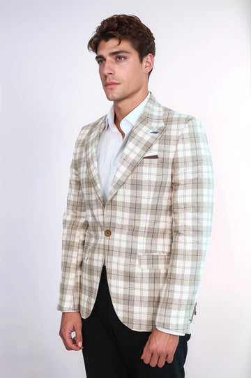 Single Button Wide Pointed Collar Beige Blazer - Wessi