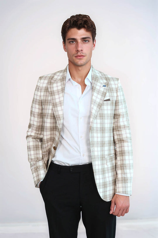 Single Button Wide Pointed Collar Beige Blazer - Wessi