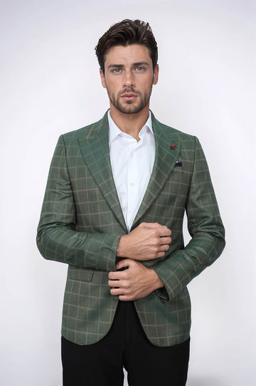 Single Button Wide Pointed Collar Green Blazer - Wessi