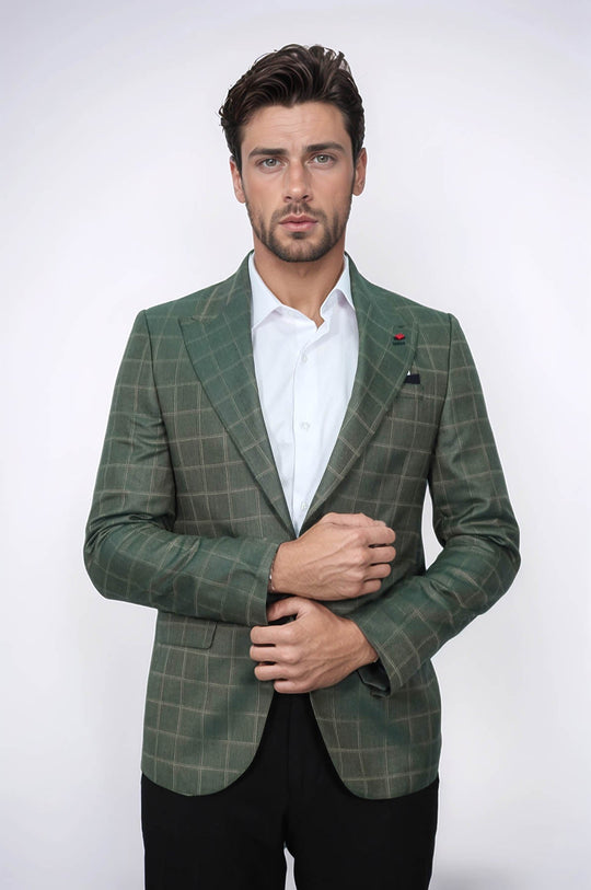 Single Button Wide Pointed Collar Green Blazer - Wessi
