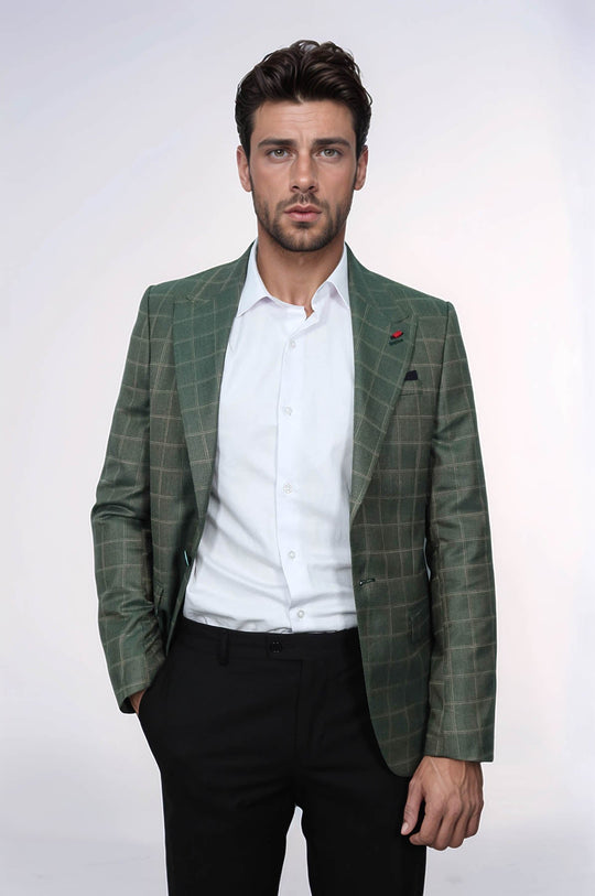 Single Button Wide Pointed Collar Green Blazer - Wessi