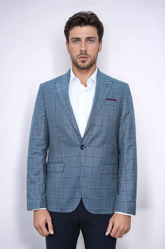 Grey Checked Men's Slim Fit Blazer - Wessi