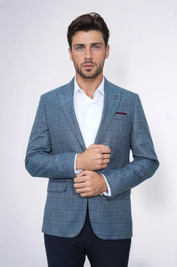 Grey Checked Men's Slim Fit Blazer - Wessi