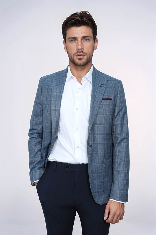Grey Checked Men's Slim Fit Blazer - Wessi