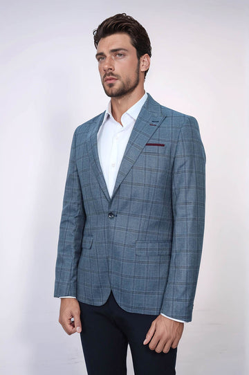 Grey Checked Men's Slim Fit Blazer - Wessi