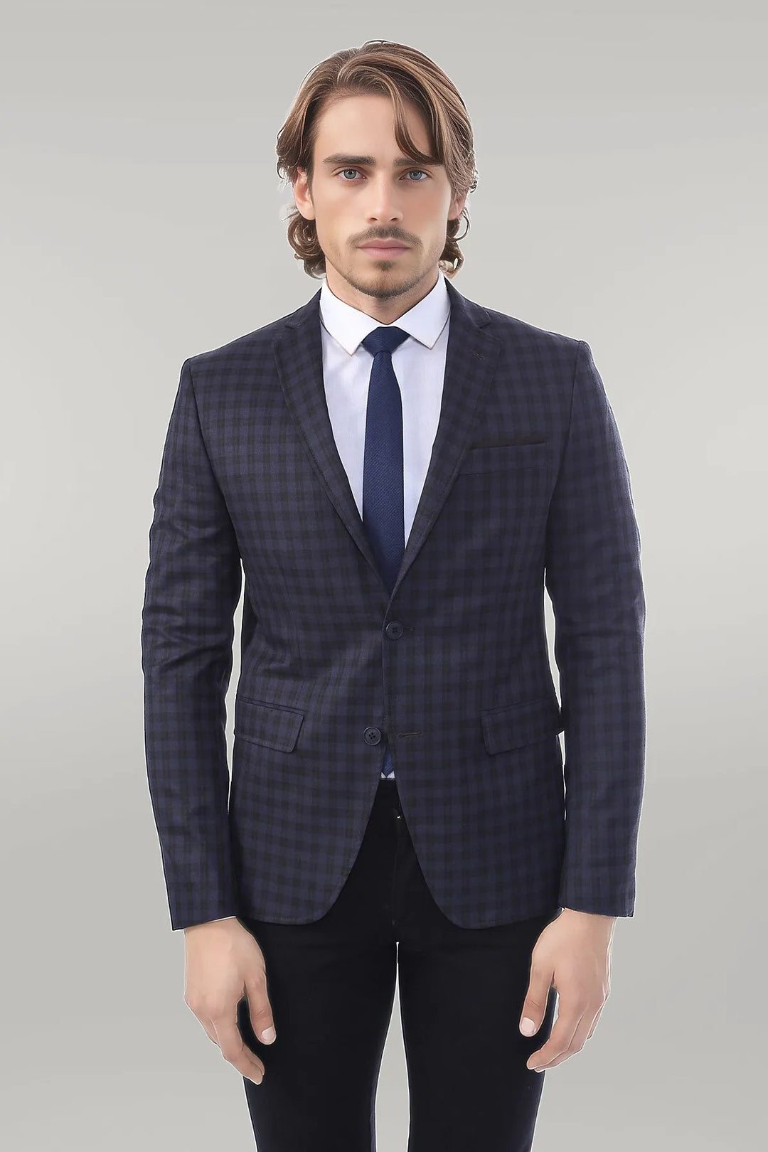 Plaid Navy Blue Jacket with Handkerchief - Wessi