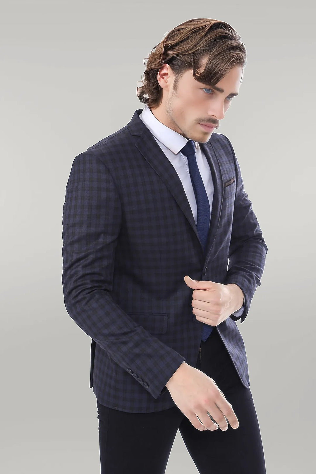 Plaid Navy Blue Jacket with Handkerchief - Wessi