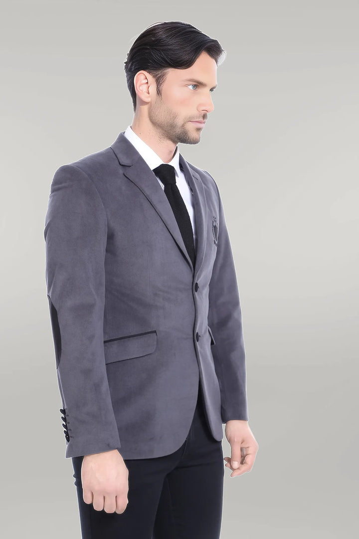 Chaqueta gris terciopelo con solapa y bolsillo-Wessi