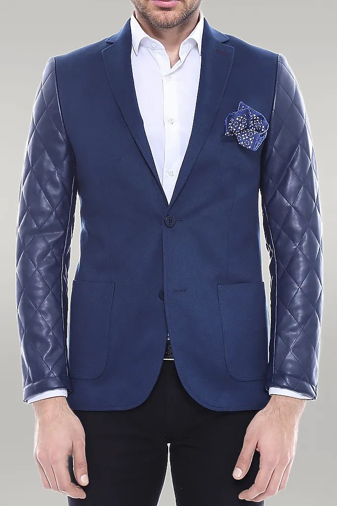 Chaqueta azul bast de terciopelo acolchado con piel de brazo-Wessi