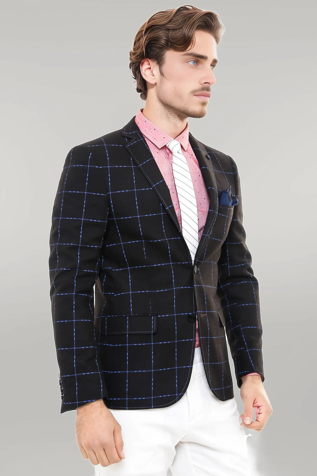 2 Button Plaid Wool Brown Jacket-Wessi