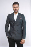 Double Breasted Slim Fit Navy Blue Blazer - Wessi