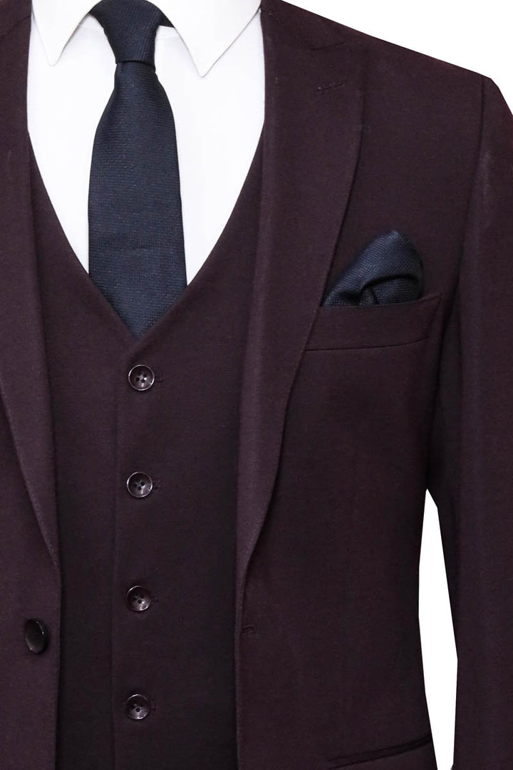 Burgundy Slim Fit Suit, White Shirt, and Navy Blue Tie Modern Classic Look - Wessi