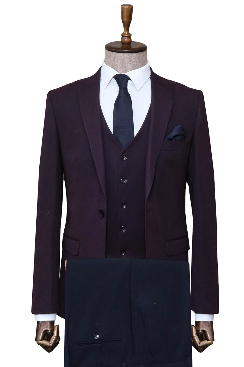 Burgundy Slim Fit Suit, White Shirt, and Navy Blue Tie Modern Classic Look - Wessi