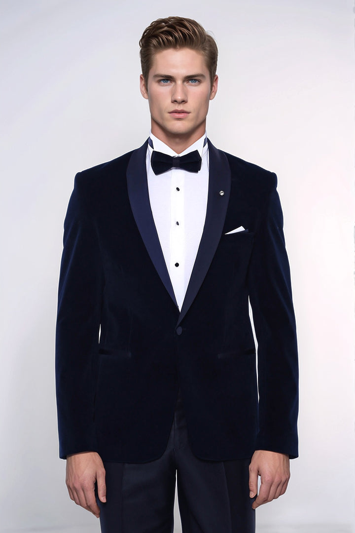 Navy Blue Velvet Dinner Jacket - Wessi