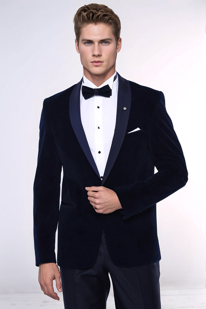 Navy Blue Velvet Dinner Jacket - Wessi