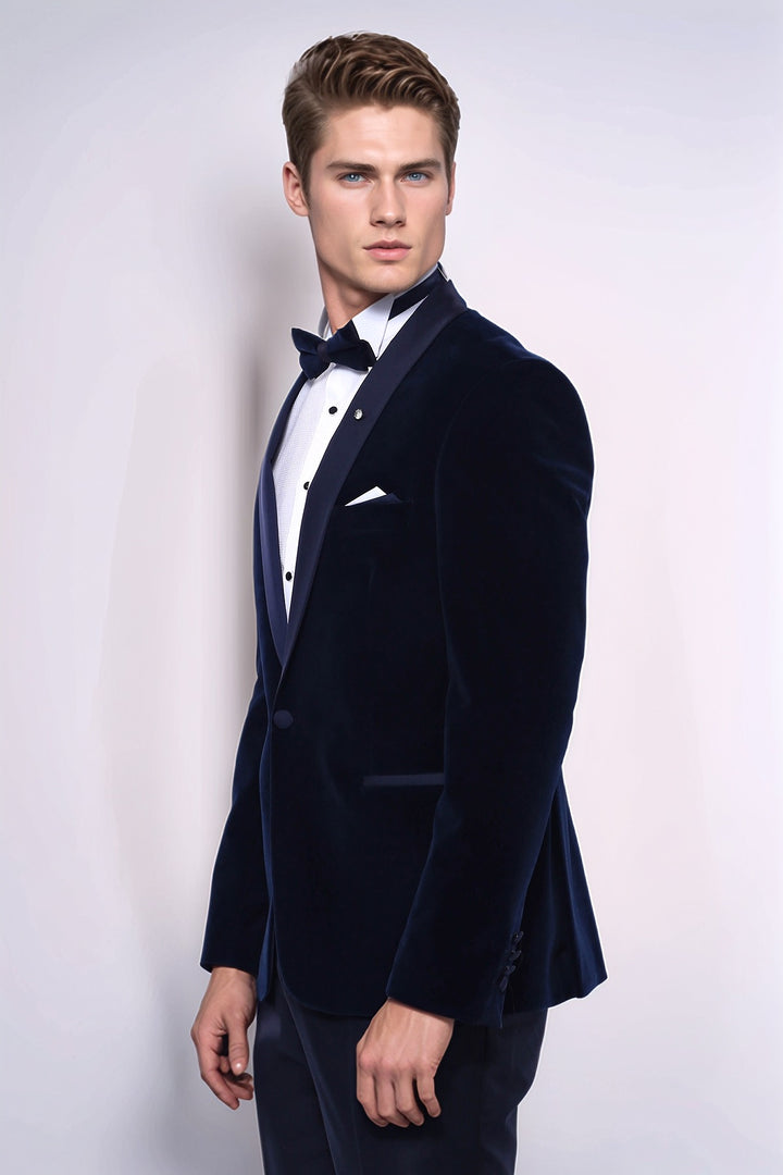 Navy Blue Velvet Dinner Jacket - Wessi