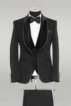 Esmoquin Hombre 3 Piezas Terciopelo Liso Solapa Redonda Elegante Negro con Pajarita - Wessi