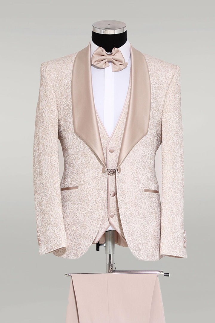 3-Piece Patterned Single Button Satin Lapel Cream Men's Tuxedo with Bow Tie - Wessi