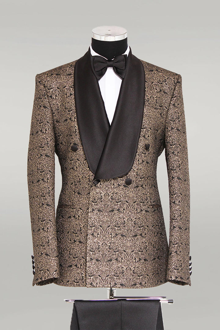 Brocade Double-Breasted Satin Lapel Gold and Black Men's Tuxedo with Bow Tie - Wessi