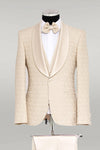 Brocade Double-Breasted Satin Lapel Ivory Men's Tuxedo with Bow Tie - Wessi