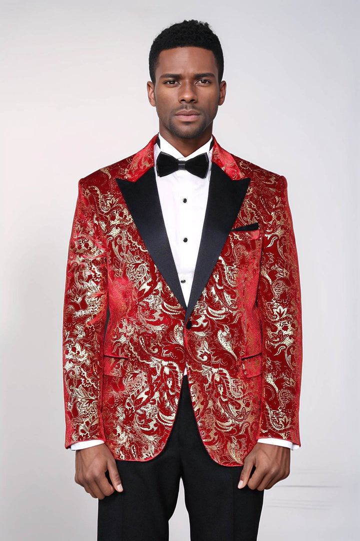 Gold Patterned Over Red Men Prom Blazer And Trousers Combination Suit- Wessi