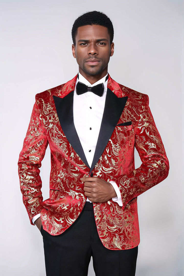 Gold Patterned Over Red Men Prom Blazer And Trousers Combination Suit- Wessi