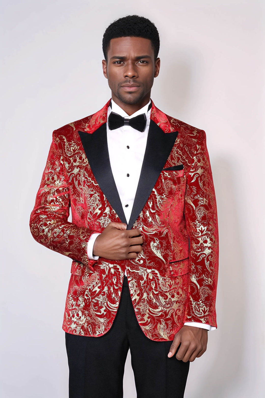 Gold Patterned Over Red Men Prom Blazer And Trousers Combination Suit- Wessi