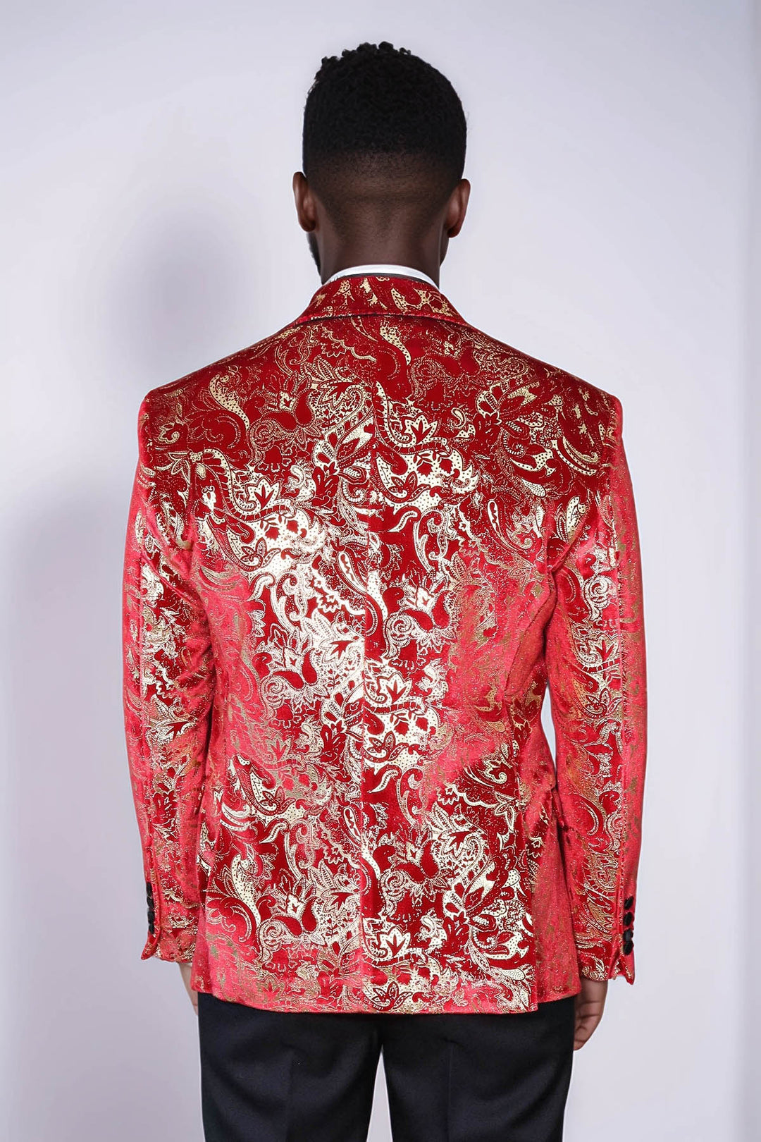 Gold Patterned Over Red Men Prom Blazer And Trousers Combination Suit- Wessi