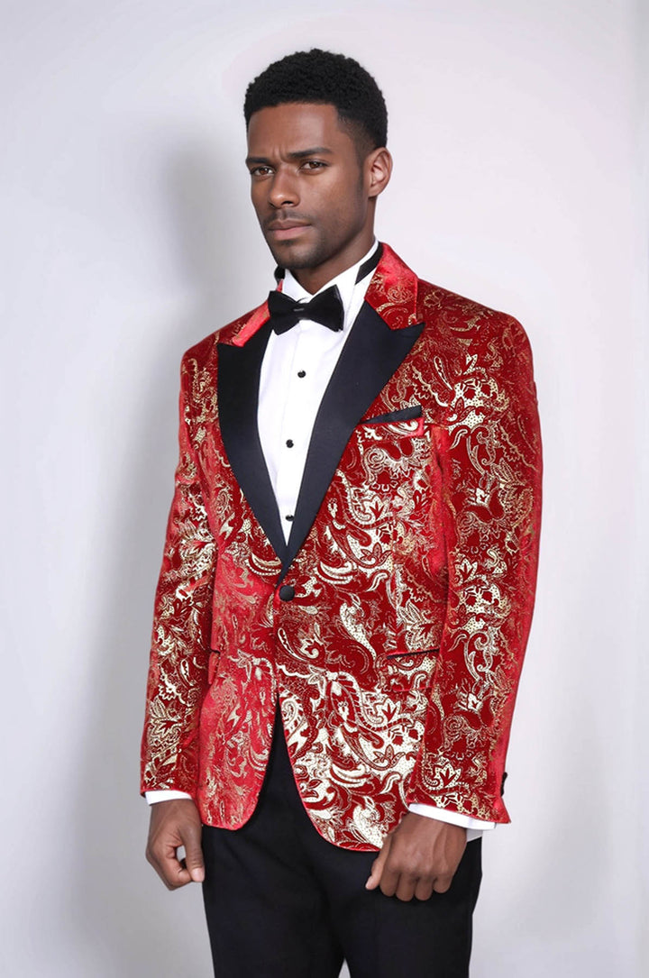 Gold Patterned Over Red Men Prom Blazer And Trousers Combination Suit- Wessi