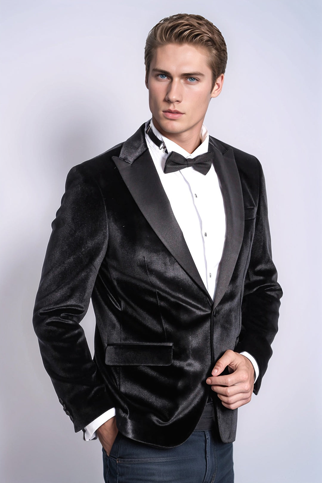 Velvet Slim Fit Black Men Prom Blazer and Trousers Combination Suit- Wessi