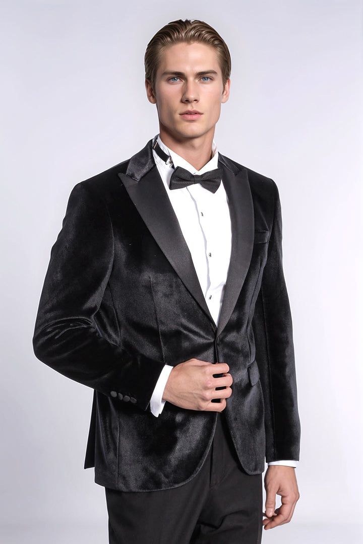 Velvet Slim Fit Black Men Prom Blazer and Trousers Combination Suit- Wessi