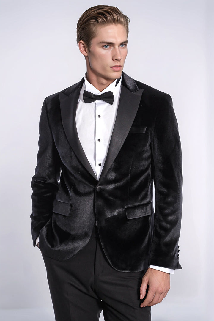 Velvet Slim Fit Black Men Prom Blazer and Trousers Combination Suit- Wessi