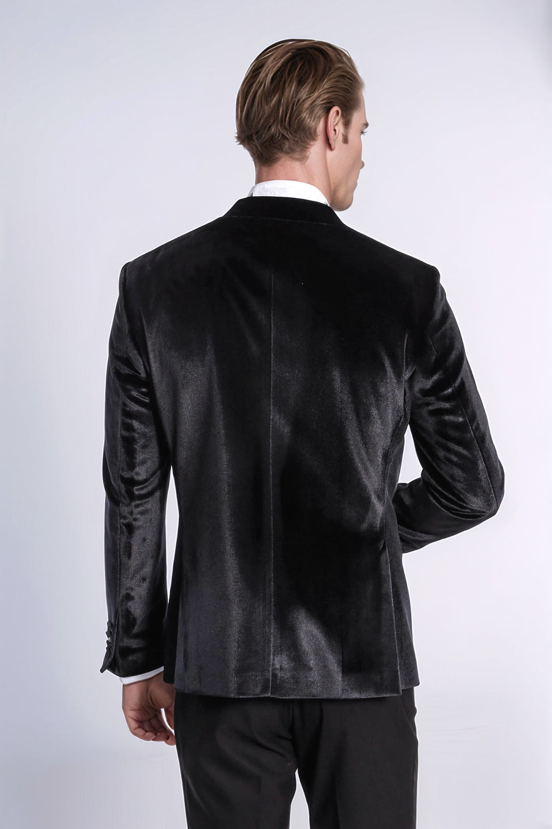 Velvet Slim Fit Black Men Prom Blazer and Trousers Combination Suit- Wessi