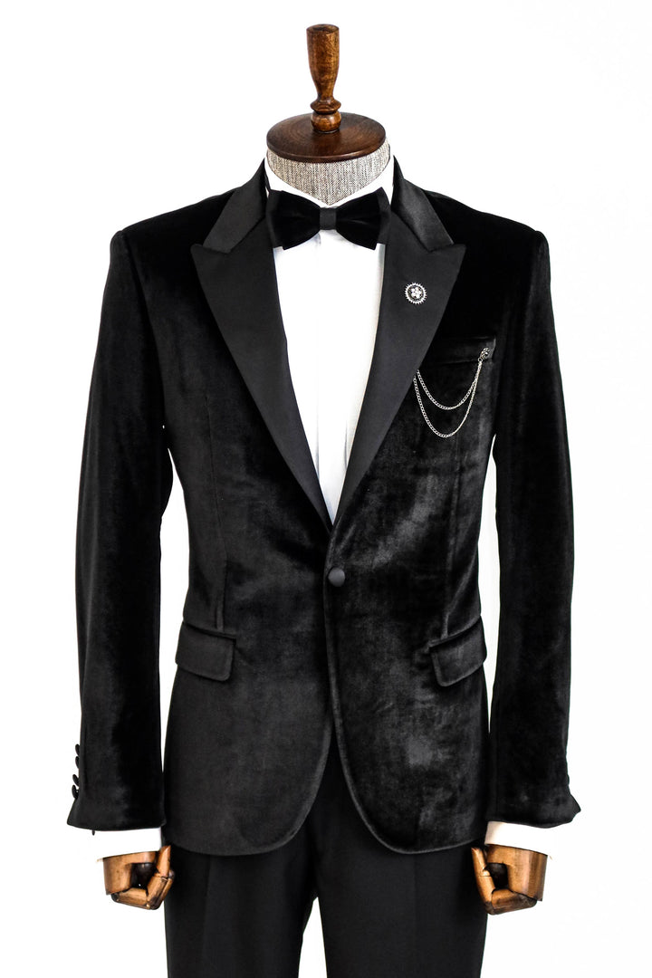 Velvet Slim Fit Black Men Prom Blazer and Trousers Combination- Wessi