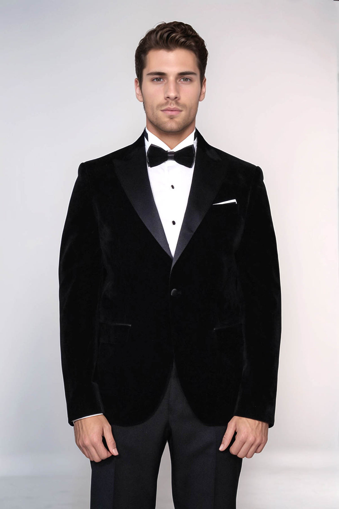 Peak Lapel Velvet Black Men Prom Blazer - Wessi