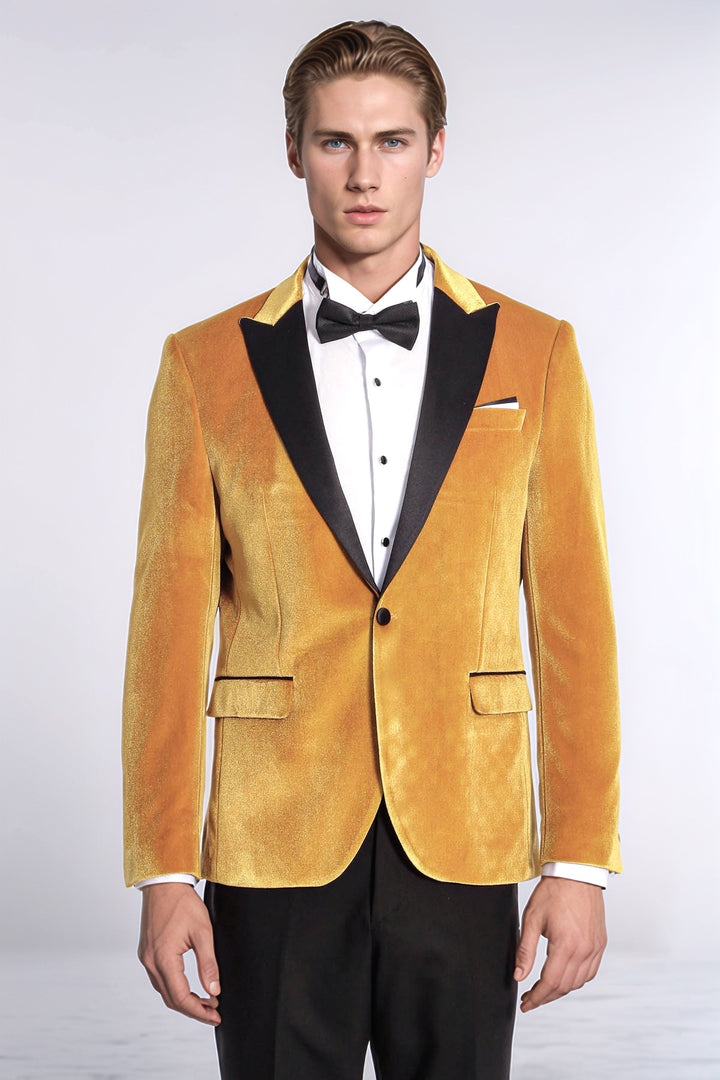 Combinación de blazer y pantalón de fiesta de terciopelo slim fit amarillo para hombre - Wessi