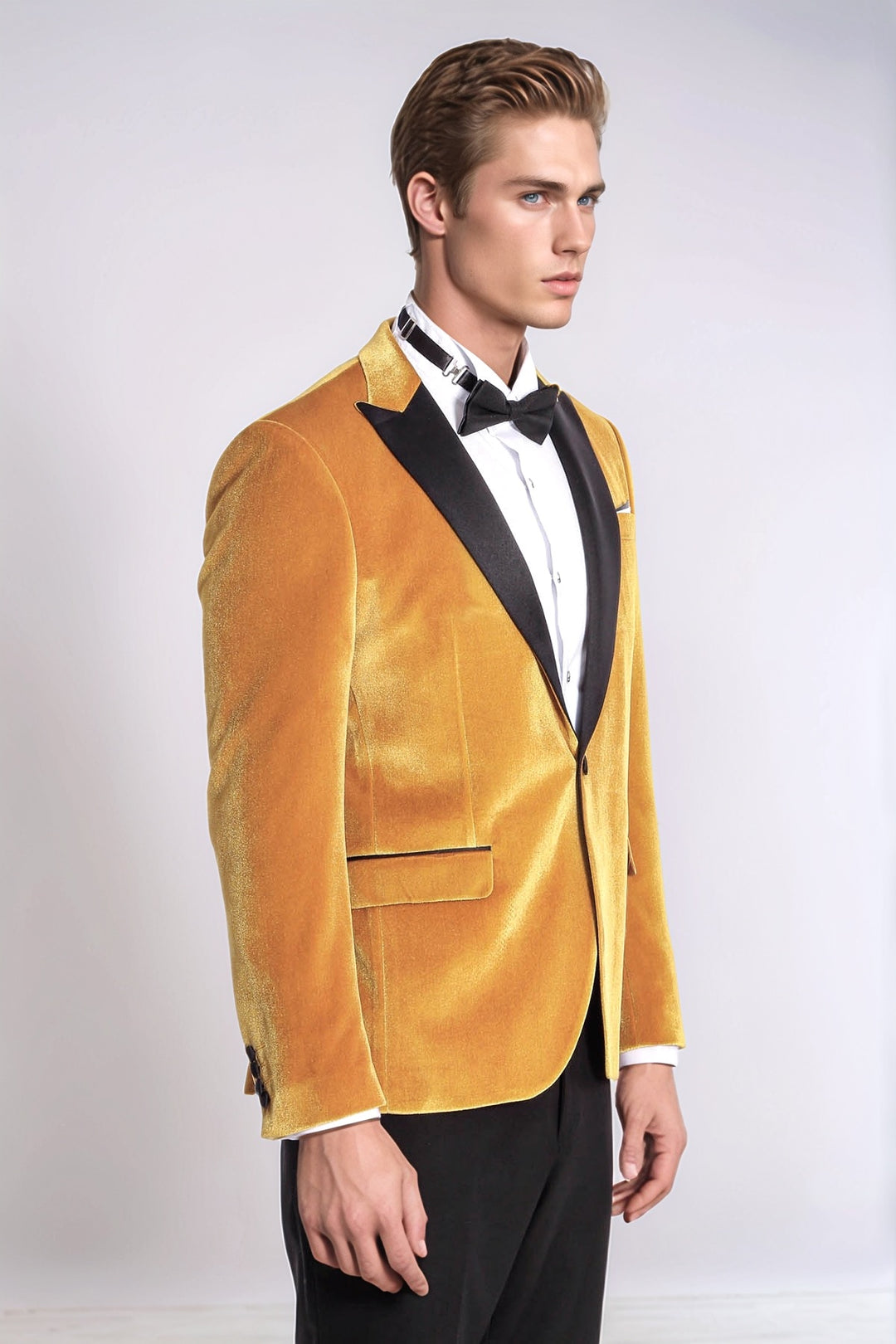 Combinación de blazer y pantalón de fiesta de terciopelo slim fit amarillo para hombre - Wessi