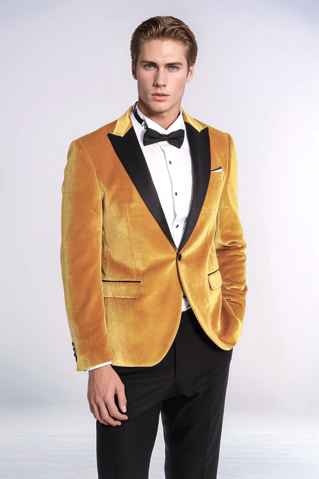 Combinación de blazer y pantalón de fiesta de terciopelo slim fit amarillo para hombre - Wessi