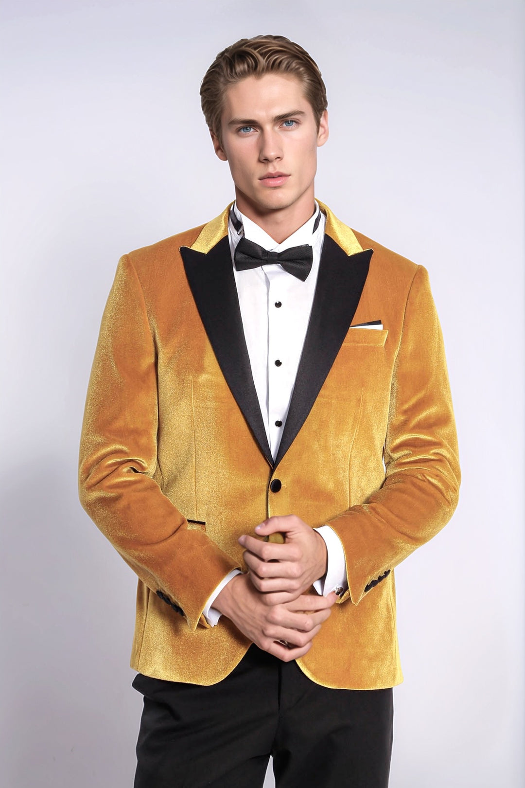 Combinación de blazer y pantalón de fiesta de terciopelo slim fit amarillo para hombre - Wessi